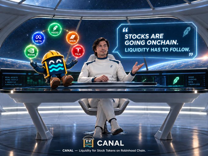 A digital artwork showing a news anchor in a space station setting beside a cartoon mascot, displaying the quote 'STOCKS ARE GOING ONCHAIN. LIQUIDITY HAS TO FOLLOW.' with logos for META, HOOD, SNDK, TSLA, and NVDA, branded 'CANAL'.