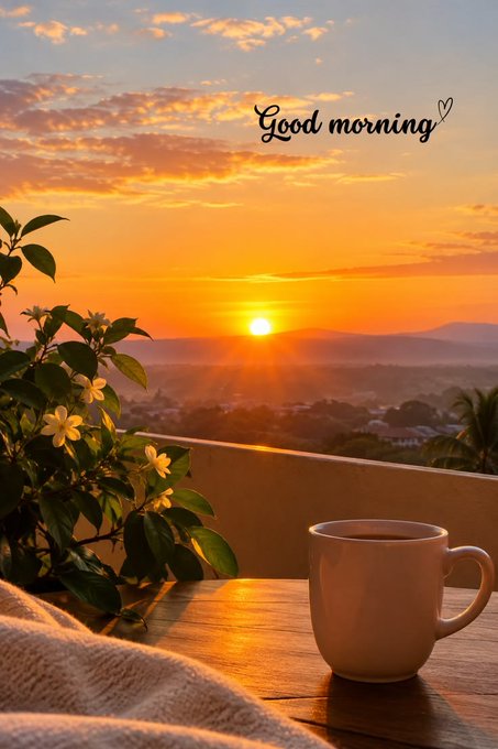 A serene sunrise scene featuring a white coffee mug on a wooden table with 'Good morning' written in cursive, accompanied by flowers and a blanket, overlooking a distant landscape.