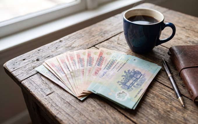 A fanned-out stack of Indonesian rupiah banknotes (showing 20,000 denominations) on a weathered wooden table next to a blue mug of coffee, a pen, and a brown leather wallet.