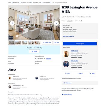 A real estate listing for an apartment at '1289 Lexington Avenue #15A' showing a modern living room with NYC views, listed by Jill Bernard and Alan Shaker from Compass Real Estate.