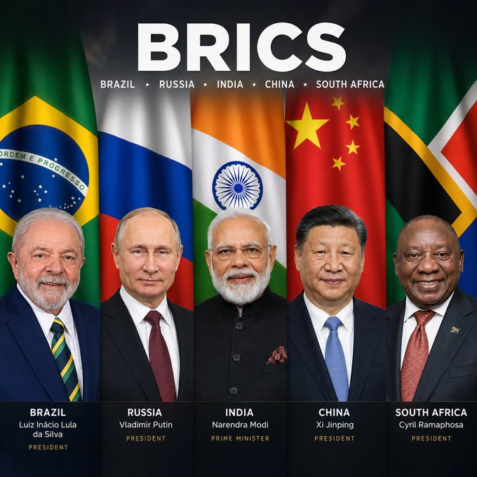 The image displays the leaders of the BRICS nations—Luiz Inácio Lula da Silva (Brazil), Vladimir Putin (Russia), Narendra Modi (India), Xi Jinping (China), and Cyril Ramaphosa (South Africa)—against their respective flags. This visually represents the countries involved in the discussed initiative to speed up and reduce costs of cross-border payments.
