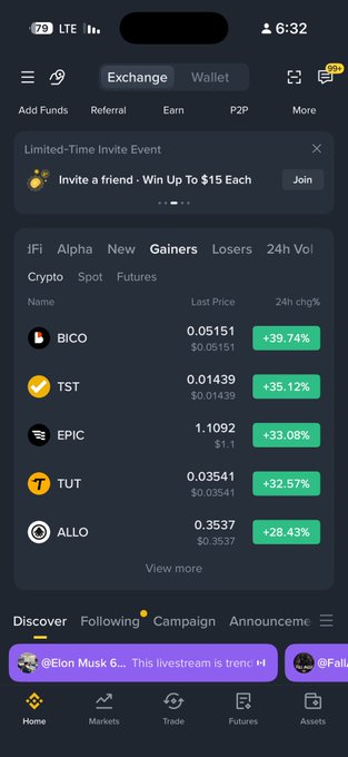 The image displays a cryptocurrency exchange app screen showing the "Gainers" tab with top performers including BICO (+39.74%), TST (+35.12%), EPIC (+33.08%), TUT (+32.57%), and ALLO (+28.43%), all showing significant 24-hour price increases in green. The post humorously suggests that someone watching such surges while their own coin hasn't moved yet might feel "targeted," but reassures them that it's simply not their turn to shine yet.