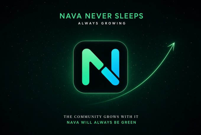 A promotional image for NAVA with the tagline 'NAVA NEVER SLEEPS - ALWAYS GROWING' featuring a green and blue 'N' logo with an upward arrow. Text at the bottom reads 'THE COMMUNITY GROWS WITH IT - NAVA WILL ALWAYS BE GREEN.'