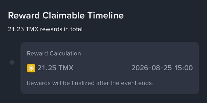 A digital reward claimable timeline interface showing 21.25 TMX rewards available, with a reward calculation timestamp of 2026-08-25 15:00 and a note that rewards will be finalized after the event ends.