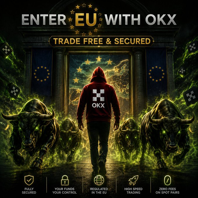 The image is a dramatic promotional graphic for OKX, featuring a hooded figure with the OKX logo standing before EU flag-adorned columns and emerging bull statues symbolizing bullish market growth. Bold text reads "ENTER EU WITH OKX" and "TRADE FREE & SECURED," with bottom icons highlighting "FULLY SECURED," "YOUR FUNDS YOUR CONTROL," "REGULATED IN THE EU," "HIGH SPEED TRADING," and "ZERO FEES ON SPOT PAIRS," visually reinforcing the post's message about OKX's MiCA-authorized, regulated crypto trading entry into the European market.