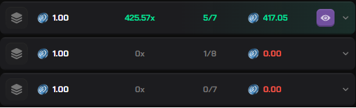 A screenshot of a betting slip showing three wagers: the top one hit a 425.57x payout for a $1.00 bet on a 5/7 selection, winning $417.05, while the two lower bets on 1/8 and 0/7 selections remain at $0.00. This visually confirms the poster's claim of hitting a 425x win off a $1 stake, serving as proof alongside their giveaway announcement.