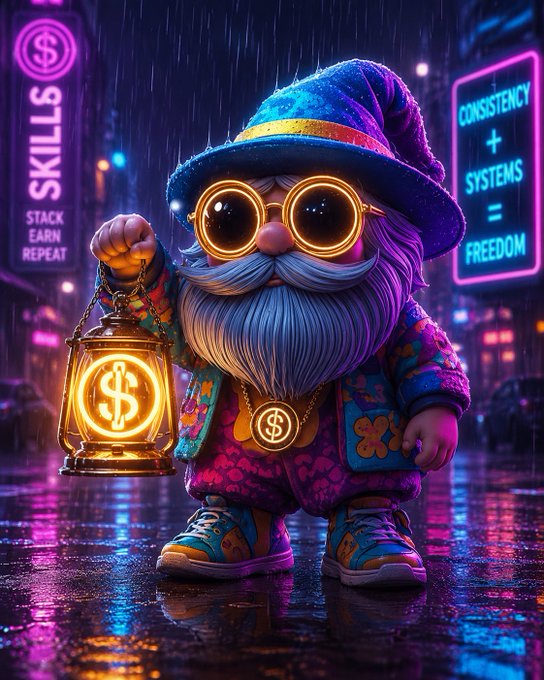 A vibrant, cyberpunk-style illustration of a gnome character wearing glowing round glasses and holding a lantern with a dollar sign, set against neon city signs reading 'SKILLS', 'STACK EARN REPEAT', and 'CONSISTENCY + SYSTEMS = FREEDOM'.