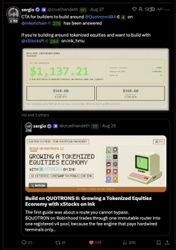The image shows two social media posts from user "sergio" highlighting Quotrons ($QTRN), a project trading on the QTRN tokenized equities exchange at a floor of 1.79 ETH, with a "CHALLENGERS" leaderboard showing a top entry of $1,137.21 and a website screenshot reading "GROWING A TOKENIZED EQUITIES ECONOMY." The accompanying post notes the Quotrons floor has climbed from $289 to above 2 ETH as builder activity and updates from Sergio have accumulated under the surface.