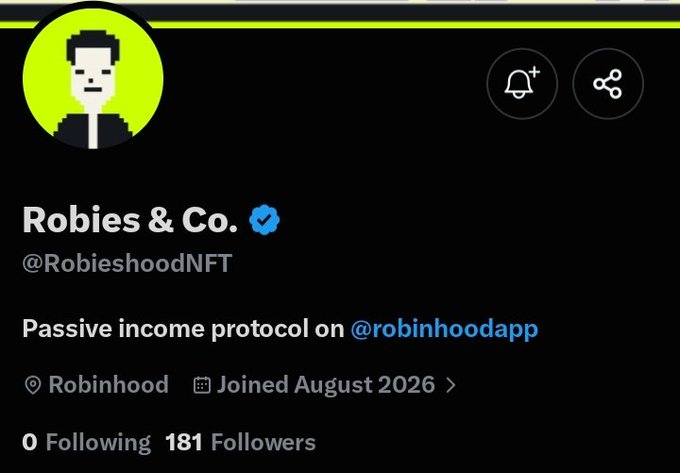 Twitter/X profile for 'Robies & Co.' (@RobieshoodNFT) describing it as a 'Passive income protocol on @robinhoodapp' with 181 followers.