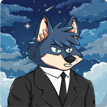 An anime-style illustration of a wolf character with blue fur wearing a black suit and tie against a starry night sky with clouds.