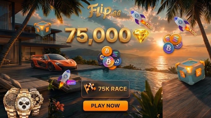 A promotional advertisement for a crypto game called 'Flip.gg' advertising a 75,000 prize pool and a '75K RACE', featuring a McLaren sports car, gold watches, crypto coins, and rockets.