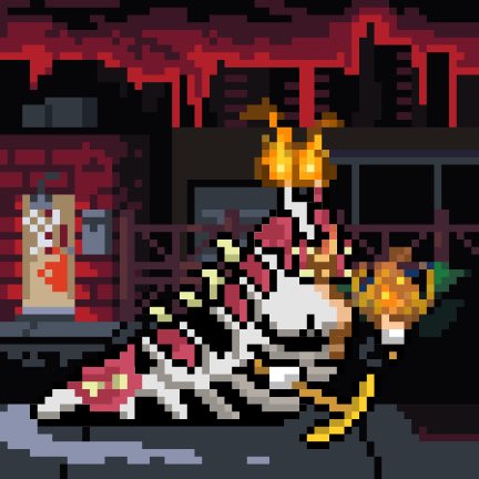Pixel art depicting a white and red armored character with a flaming head lying injured on the ground in a dark, ruined urban setting.