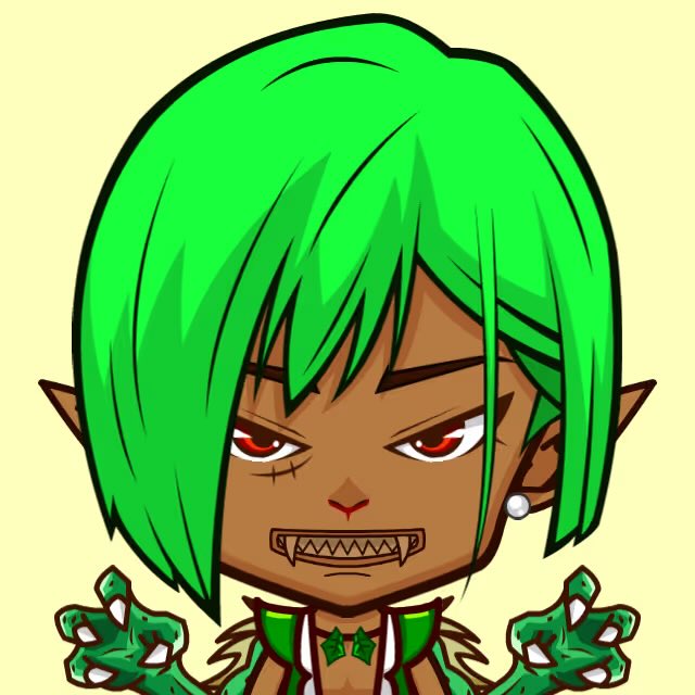 A cartoon chibi-style character with bright green hair, pointed ears, red eyes, and sharp teeth wears a green outfit, appearing angry or menacing.