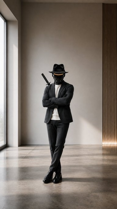 A man in a black suit, hat, and futuristic mask stands with crossed arms in a minimalist room, with a sword strapped to his back.