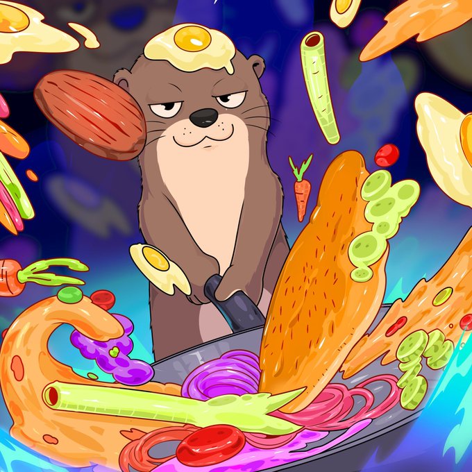 A cartoon otter with a fried egg on its head holds a frying pan amid a chaotic, colorful assortment of floating vegetables and meats.