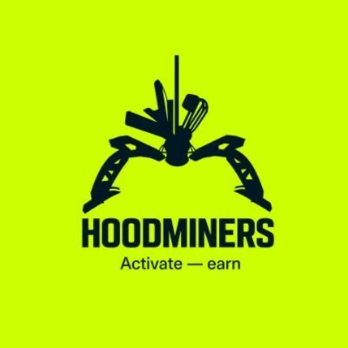 A bright yellow square logo features a black silhouette of mining tools crossed above a structure, with the text 'HOOMINERS' and the tagline 'Activate — earn'.