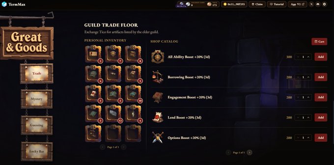 A screenshot of a game interface titled 'TermMax' showing a 'GUILD TRADE FLOOR' with a 'Great & Goods' shop catalog listing items like 'All Ability Boost +20%', 'Borrowing Boost +20%', 'Engagement Boost +20%', 'Lend Boost +20%', and 'Options Boost +20%'.