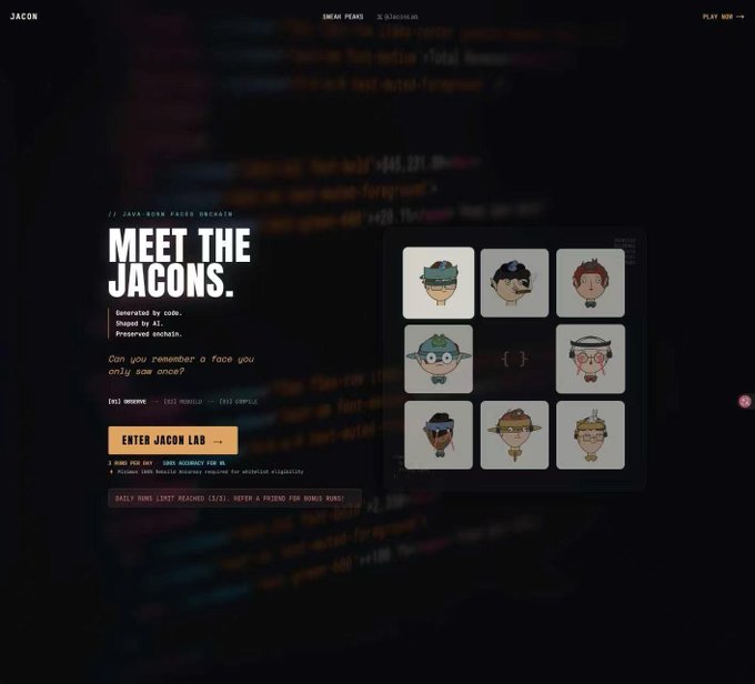 A dark-themed webpage for "Jacon" displays the headline "MEET THE JACONS." alongside a 3x3 grid of unique cartoon avatar characters, with an "ENTER JACON LAB" button and code snippets in the background. The layout showcases the collection's generative AI-created face NFT characters, aligning with the post's description of a 1,995 supply Robinhood Chain NFT collection featuring distinct avatar-based tokens.