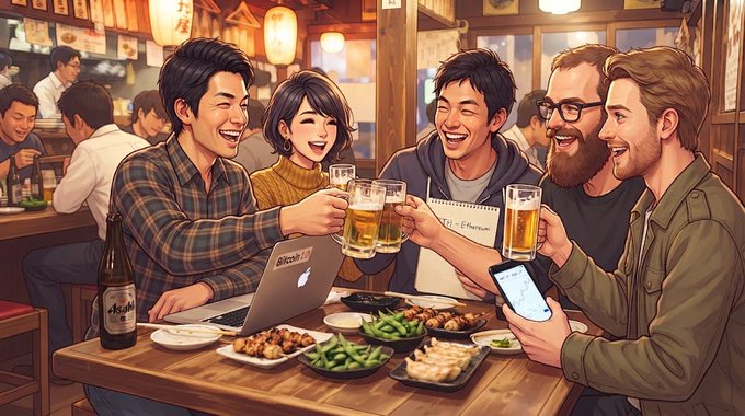 An anime-style illustration of a group of friends laughing and toasting with beer mugs at a restaurant table filled with food, a laptop, and a smartphone.
