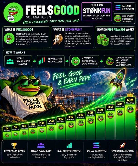 A promotional infographic for the 'FEELSGOOD' Solana token, built on the StonkFun meme token launchpad, details its Pepe reward system and features a Pepe frog mascot with a projection of market cap growth from 1M to 60M.