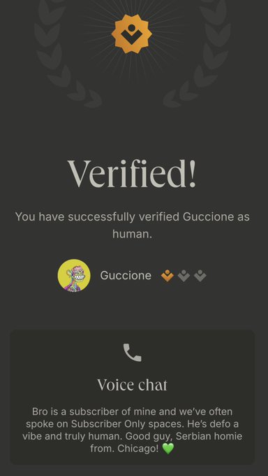 A verification screen showing "Verified!" with the message "You have successfully verified Guccione as human." and a voice chat note about "Bro" being a subscriber, a vibe, and a Serbian homie from Chicago.