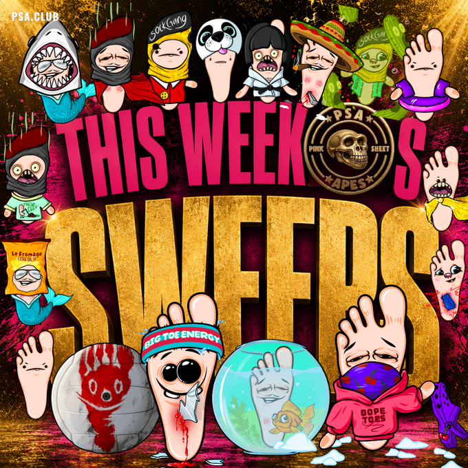 A colorful digital collage titled 'THIS WEEK SNIFERS' by 'PSA' with 'PINK SHEET TAPES', featuring various cartoon characters, faces, and feet arranged around the text.