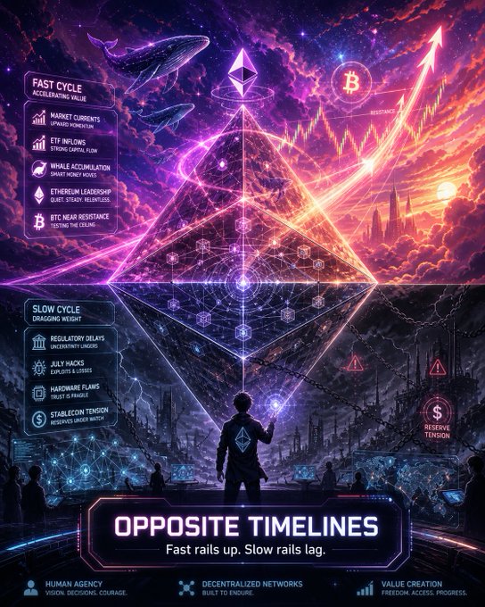 A vibrant digital artwork titled 'OPPOSITE TIMELINES' depicts a silhouetted figure facing a massive glowing pyramid, with labeled sections for 'FAST CYCLE' including 'BTC NEAR RESISTANCE' and 'SLOW CYCLE' including 'REGULATORY DELAYS'.