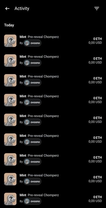 A mobile app activity feed showing repeated 'Mint Pre-reveal Chomperz' entries from user 'ovoona' at 0 ETH each.