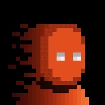 A small pixel art animation featuring a glowing red-orange circular character with two small gray eyes against a black background.