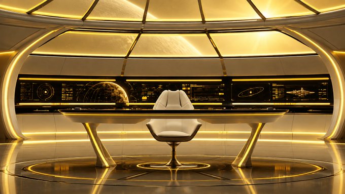 Futuristic sci-fi interior scene featuring a curved white desk with a chair, illuminated by warm golden lighting, with digital displays showing planets and space imagery in the background.