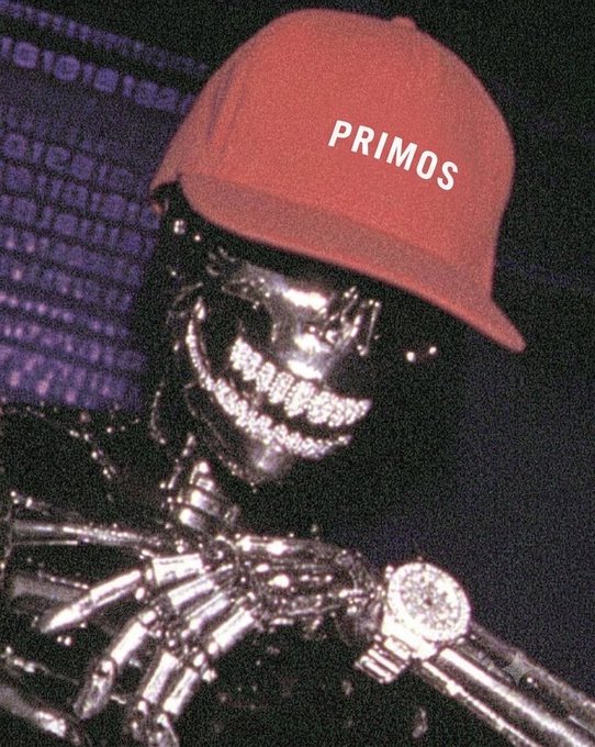Stylized photo of a skeleton figure wearing diamond-encrusted grillz and a red baseball cap with the word 'PRIMOS'.