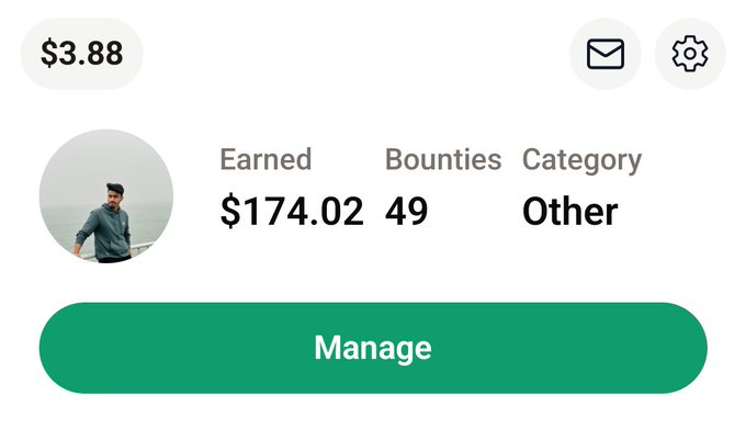A profile summary screen showing a user's earnings of $174.02 across 49 bounties in the 'Other' category, with a balance of $3.88 and a green Manage button.