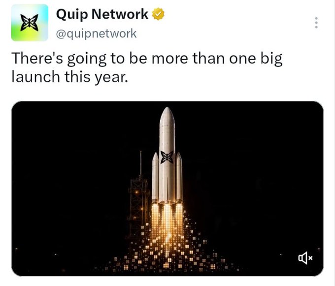 A tweet from Quip Network (@quipnetwork) with a verified checkmark reads 'There's going to be more than one big launch this year' accompanied by an image of a rocket launching into a starry night sky.