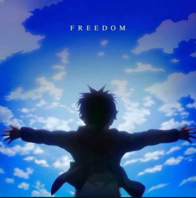 An anime-style silhouette of a person standing with arms outstretched against a bright blue sky with clouds, with the word 'FREEDOM' displayed at the top.