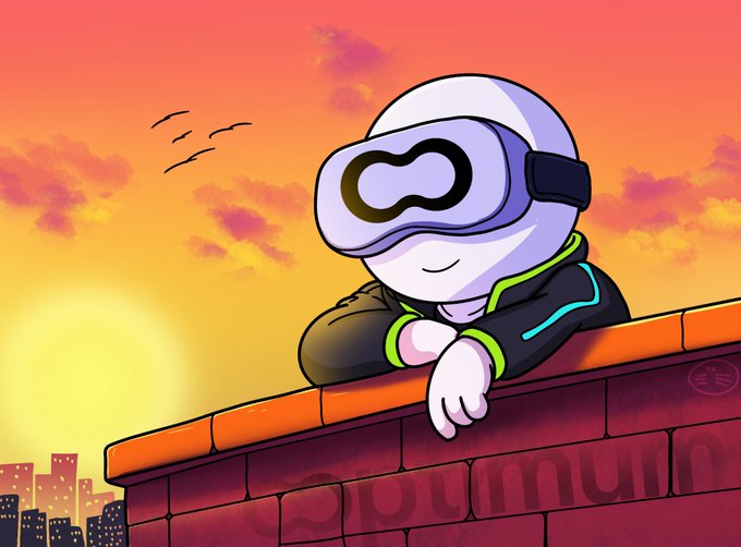 A cartoon character wearing a VR-style visor leans thoughtfully over a rooftop ledge against a vibrant sunset sky, with the word "OptimunD" faintly visible in the brickwork below, symbolizing the forward-looking vision behind Optimump2P's peer-to-peer data delivery solution for blockchain networks.