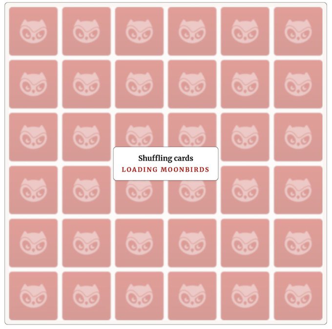 A grid of pink cards with cat logos is shown with a pop-up message reading 'Shuffling cards' and 'LOADING MOONBIRDS'.