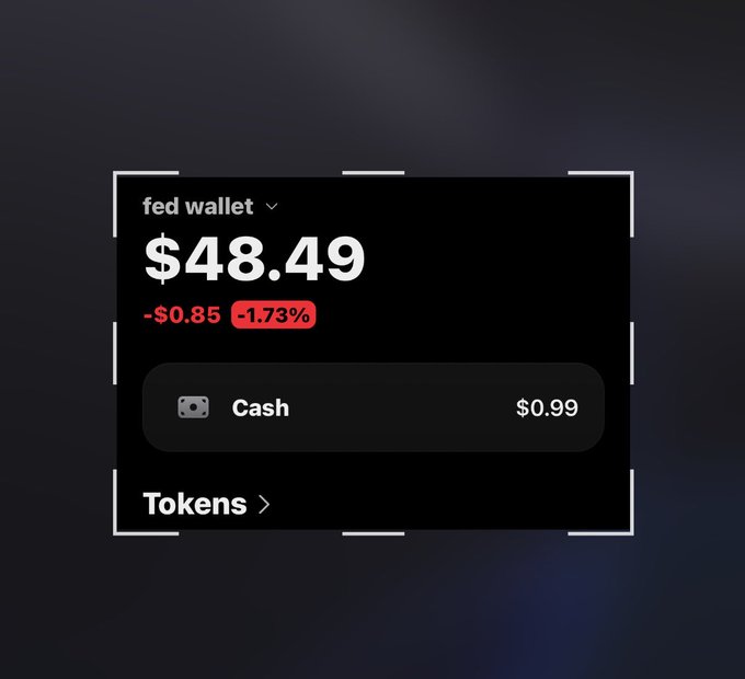 A digital wallet interface displays "fed wallet" with a balance of "$48.49" showing a -1.73% decline, alongside a cash balance of $0.99 and a Tokens section.