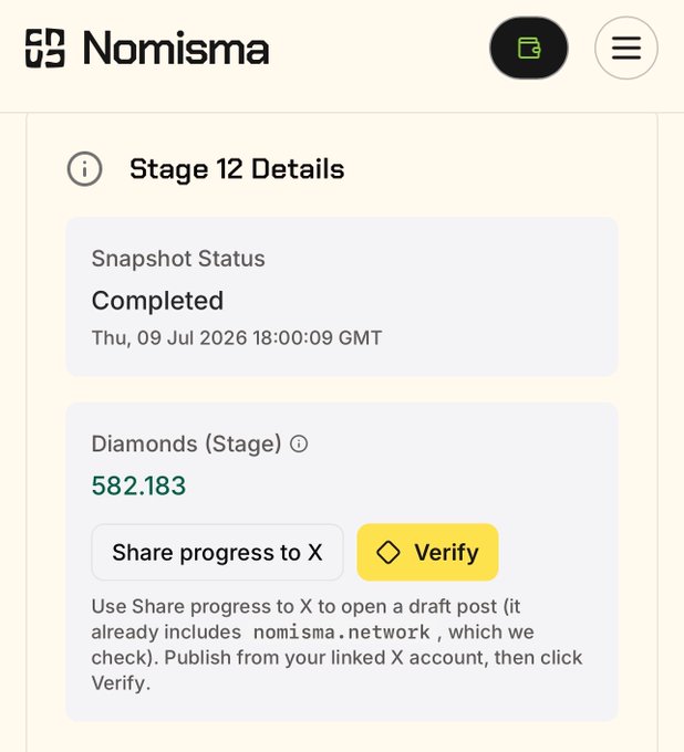 The image shows the Nomisma platform's "Stage 12 Details" page, displaying a "Completed" snapshot status dated Thu, 09 Jul 2026, with Diamonds earned for the stage totaling **582.183** and a "Verify" button option. It relates to the post by showcasing the user's personal diamond earnings from Stage 12 of Nomisma Network's Season 3, responding to the question posed about how many diamonds were earned.