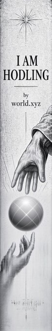 A black and white graphic poster reading 'I AM HODLING by world.xyz' depicting two hands reaching toward an X crypto token/coin, with stylized line art.