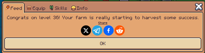 The image shows an in-game pop-up notification from Sunflower Land congratulating the player on reaching level 36, with the message: "Congrats on level 36! Your farm is really starting to harvest some success," along with social sharing icons and an OK button, directly celebrating the XP level milestone referenced in the daily log-in post.