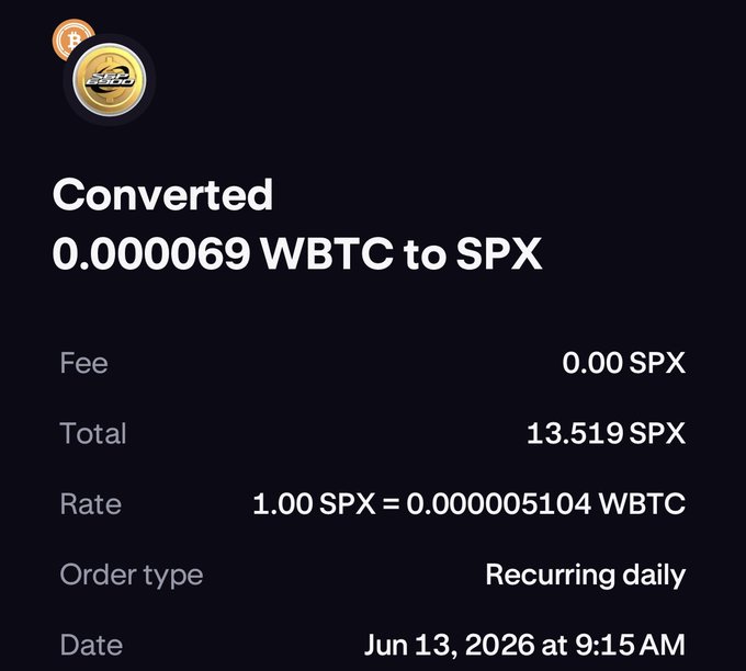 The image shows a screenshot from an online calculator that converts Bitcoin to SPX, with values such as $1,000,000,000 and 13.5 million being displayed. The text of the calculator also includes the words "Converted 0-0006" and "SPX". The date in the post is listed as "Jun 13, 2026 at 9:15 am". This indicates that the image is related to a discussion or tutorial about Bitcoin and its conversion to different exchange rates.