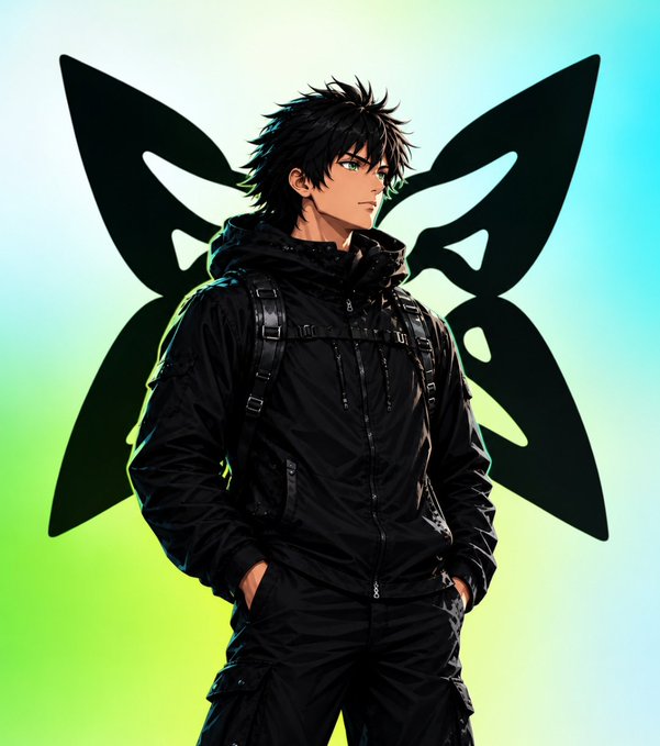 An anime-style illustration features a young man with messy black hair and teal eyes wearing a black tactical hooded jacket, standing with butterfly wings silhouetted behind him against a blue and green gradient background.