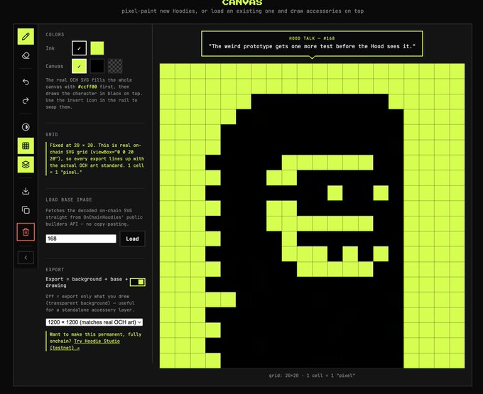 The Hoodi Moodie Studio (Hoodi Studio) pixel-painting canvas interface showing a 20x20 grid where a green zombie-like moodie face is being drawn with a 'Mood Talk' dialogue box referencing a Hood test.