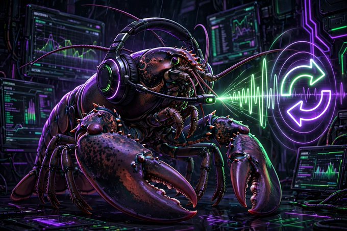 A digital illustration of a purple lobster wearing headphones in a cyberpunk setting, with sound waves and a refresh icon emanating from its mouth.