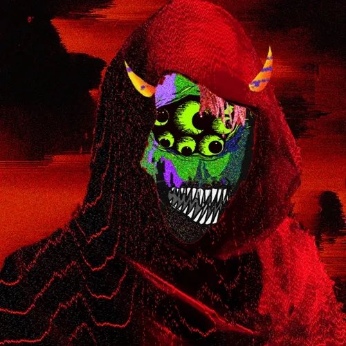 A menacing figure draped in a red hood wears a vibrant green and purple demonic mask with horns and sharp teeth, set against a dark, blood-red backdrop. The eerie artwork evokes a dark, NFT-style aesthetic fitting for the "First 33 EVM wallets" milestone celebration.