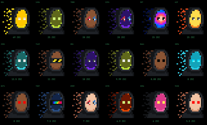 A grid of pixelated hooded figures with colorful particles, each labeled with a number and 'ZEC' indicating different values from 5.5 to 49.