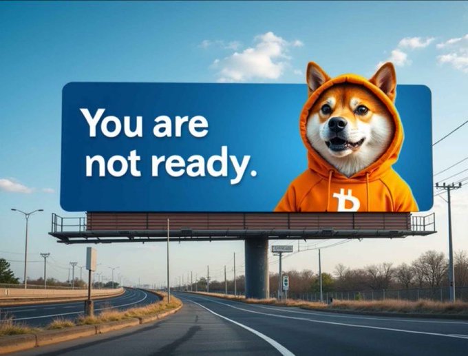 Billboard on a deserted highway featuring a Shiba Inu dog wearing an orange hoodie with a 'D' logo, alongside the text 'You are not ready'.