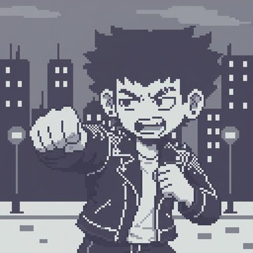 Pixel art illustration of a young man with spiky black hair in a fighting stance, set against a dark city skyline.