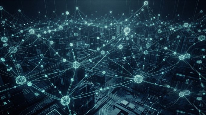 A glowing network of interconnected nodes floats above a futuristic circuit board landscape, symbolizing the rise of autonomous AI agents transacting through decentralized systems. The web of digital pathways visually represents the explosive growth in machine-to-machine crypto payments described in the post, where 69,000 active agents completed 165 million transactions by April 2026.