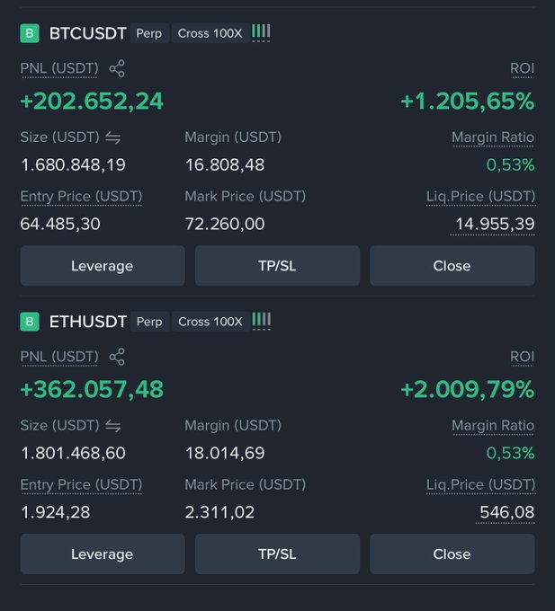 A trading interface displays two open perpetual positions with 100X cross leverage: BTCUSDT PNL +202,652.24 (+1,205.65% ROI) and ETHUSDT PNL +362,057.48 (+2,009.79% ROI), both with 0.53% margin ratios.